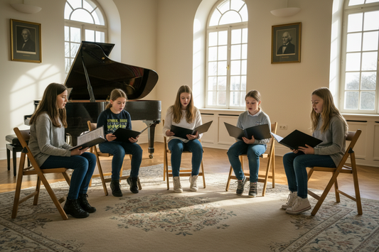 Preteens sitting in a circle with sheet music in a spacious room featuring a brown baby grand piano during a small group singing class.
