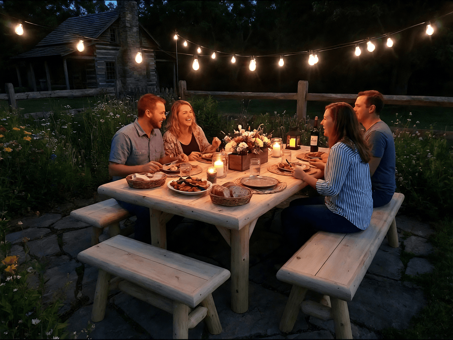 Handmade rustic outdoor picnic table by Cedar Creek Rustic Furniture with sturdy wooden planks and natural finish.