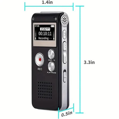 Portable 8GB digital voice recorder and MP3 player from DailySale, shown with buttons and display screen for meetings and lectures.