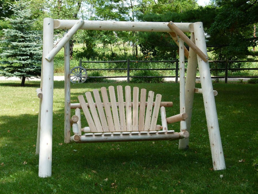 Wooden porch swing with canopy by Cedar Creek Rustic Furniture, featuring a sturdy frame and comfortable seating.