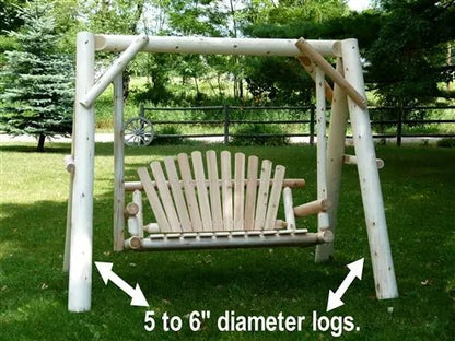 Wooden porch swing with canopy from Cedar Creek Rustic Furniture, featuring a sturdy frame and comfortable seating for outdoor relaxation.