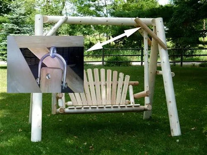Wooden porch swing with canopy by Cedar Creek Rustic Furniture, featuring a sturdy frame and comfortable seating for outdoor relaxation.