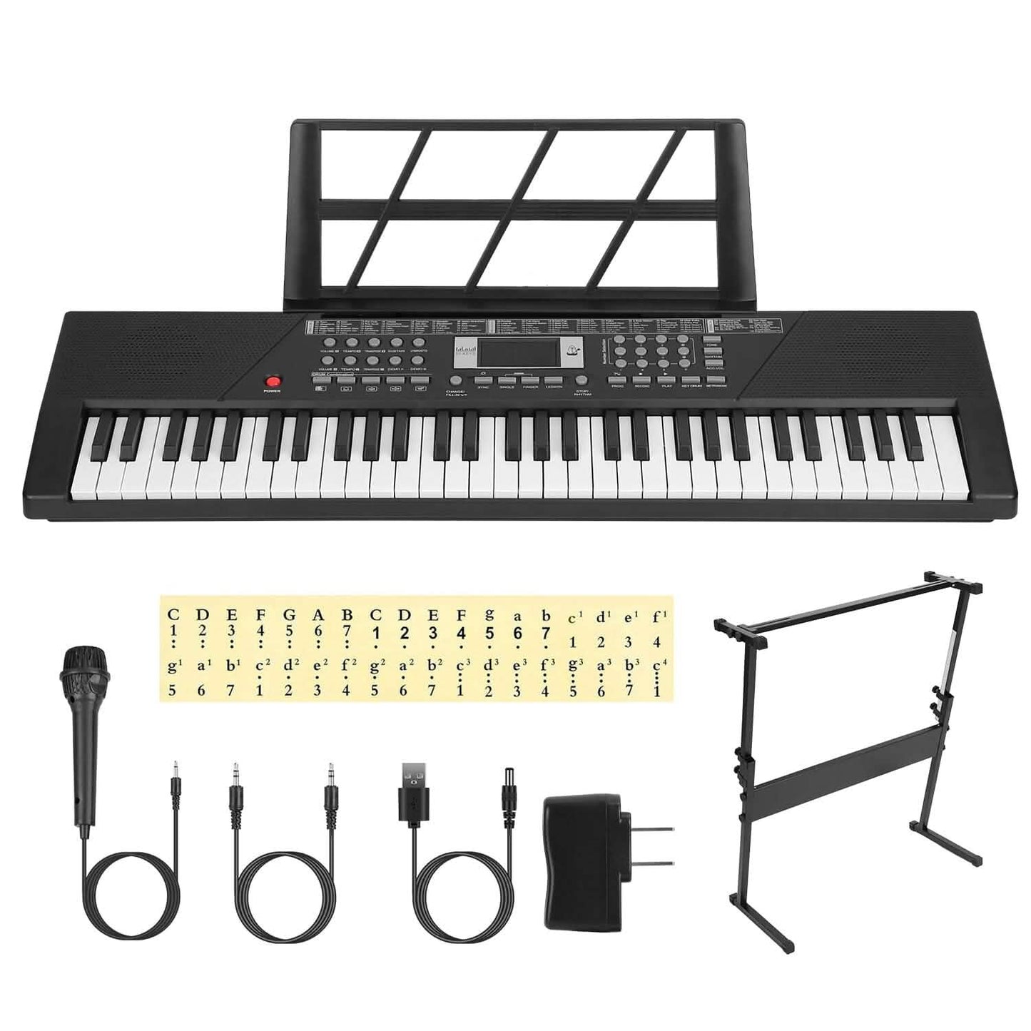 Digital music keyboard with 61 keys and electronic piano features, suitable for beginner musicians and kids.
