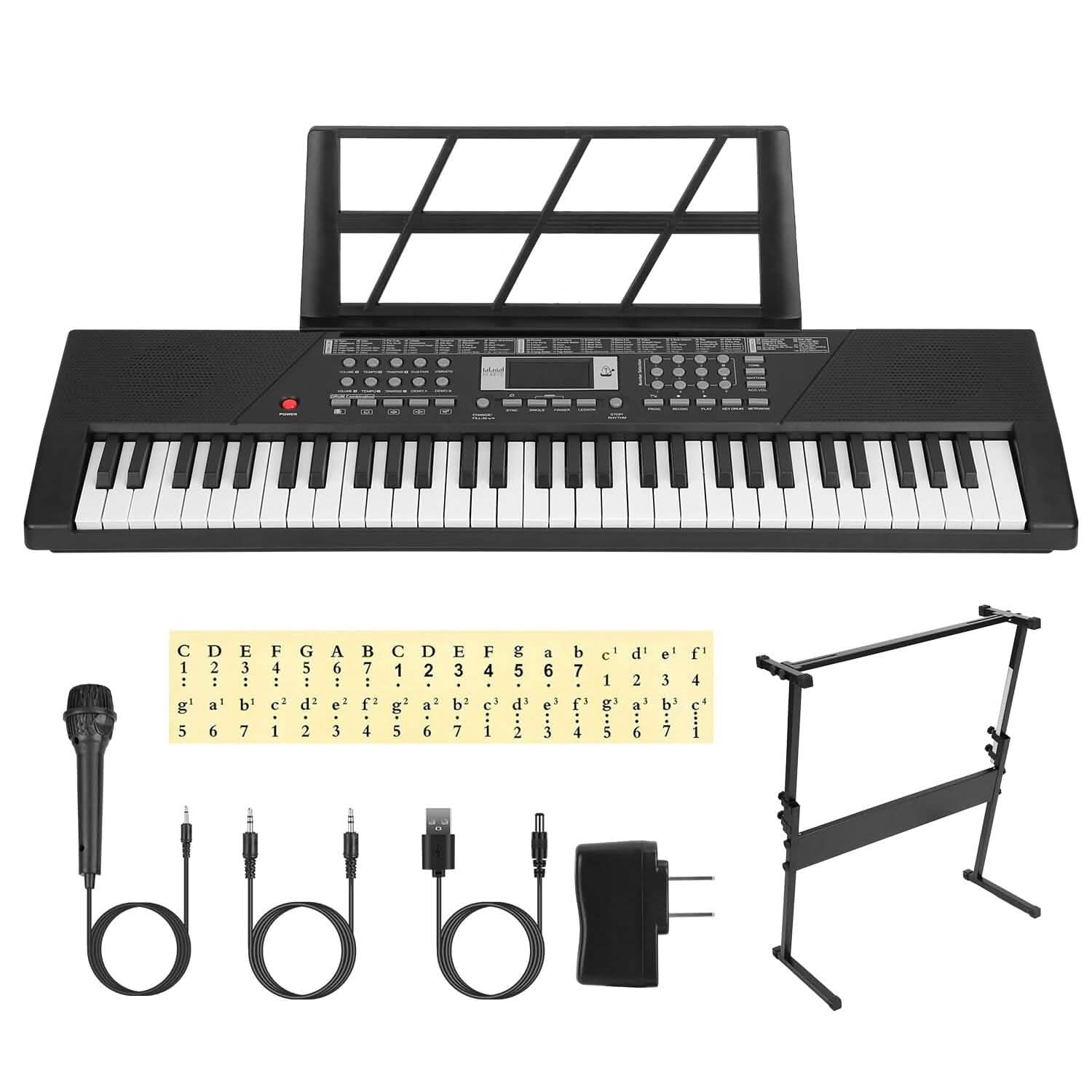 Digital music keyboard with 61 keys and electronic piano features, suitable for beginner musicians and kids.