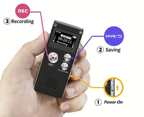 Portable 8GB digital voice recorder and MP3 player from DailySale with buttons, screen, and microphone for meetings and lectures.