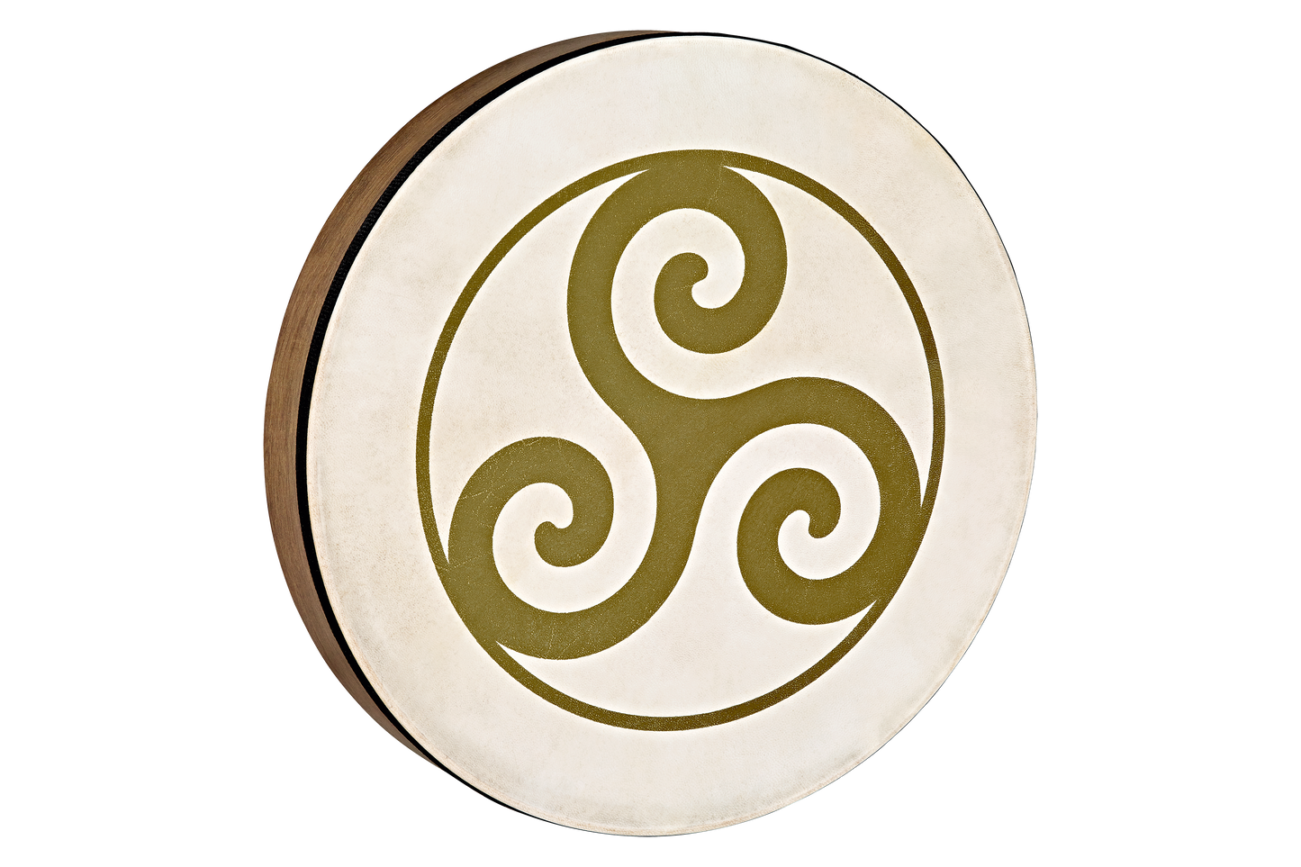 16-inch hand drum with triskele design from Utah Energy Healing Center, featuring a natural wood finish and detailed surface pattern.
