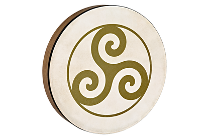 16-inch hand drum with triskele design from Utah Energy Healing Center, featuring a natural wood finish and detailed surface pattern.
