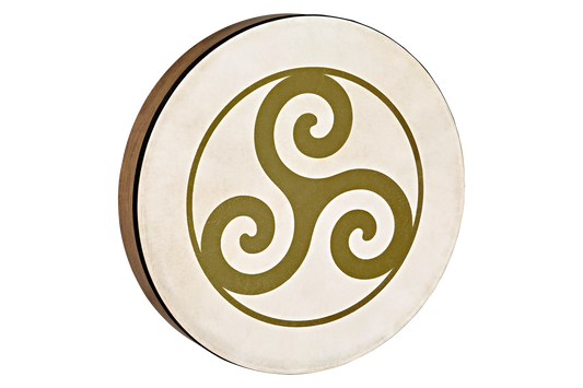 16-inch hand drum with triskele design from Utah Energy Healing Center, featuring a natural wood finish and detailed surface pattern.