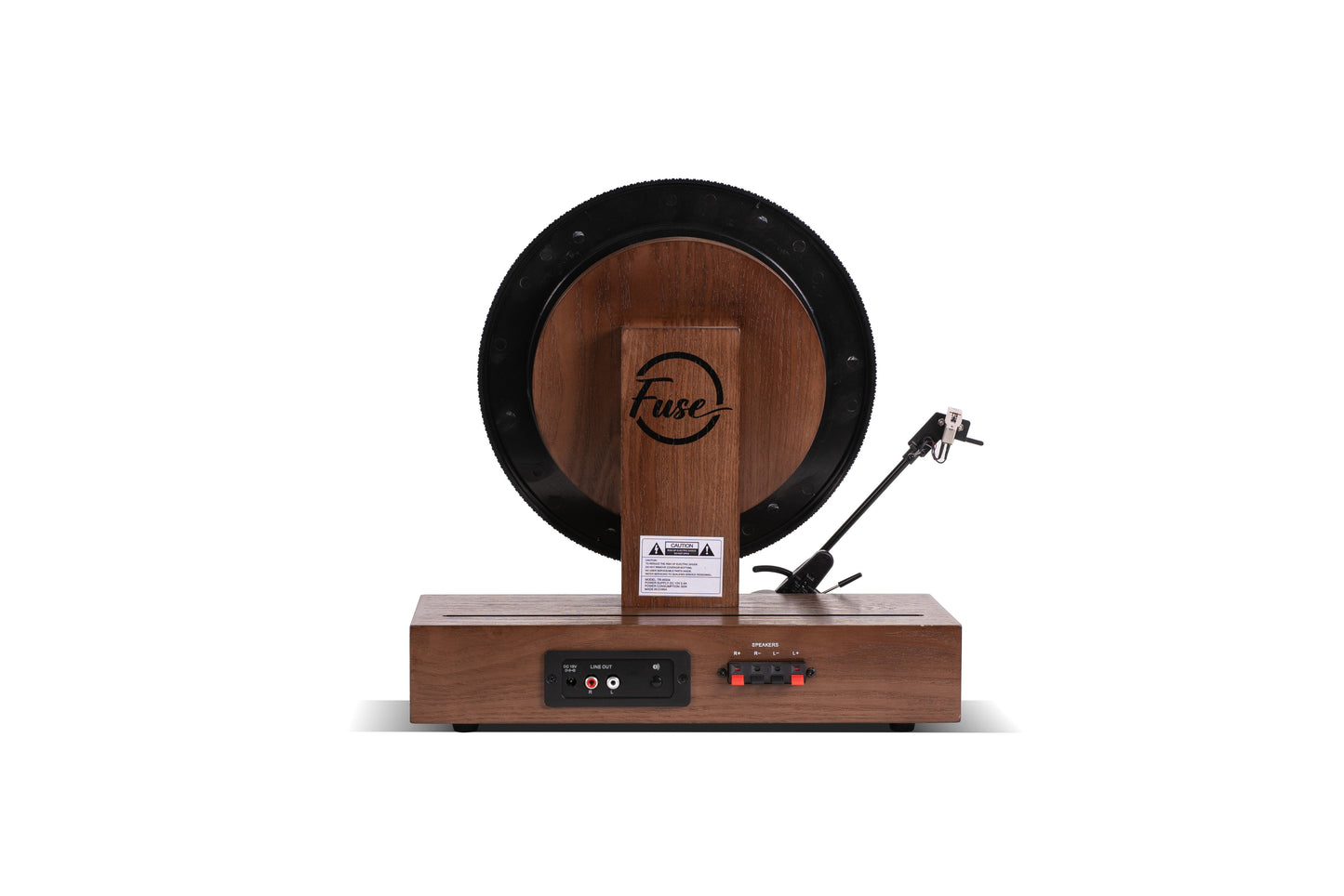 Fuse Audio GLD vertical vinyl record player turntable with a sleek design and visible tonearm on a wooden surface.