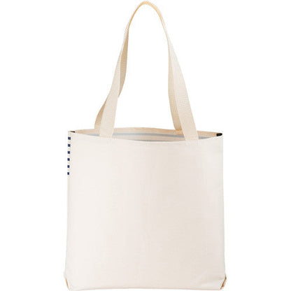 Large Stripe Beach Tote by Sand By Saya New York with blue and white striped fabric and sturdy handles for beach accessories.