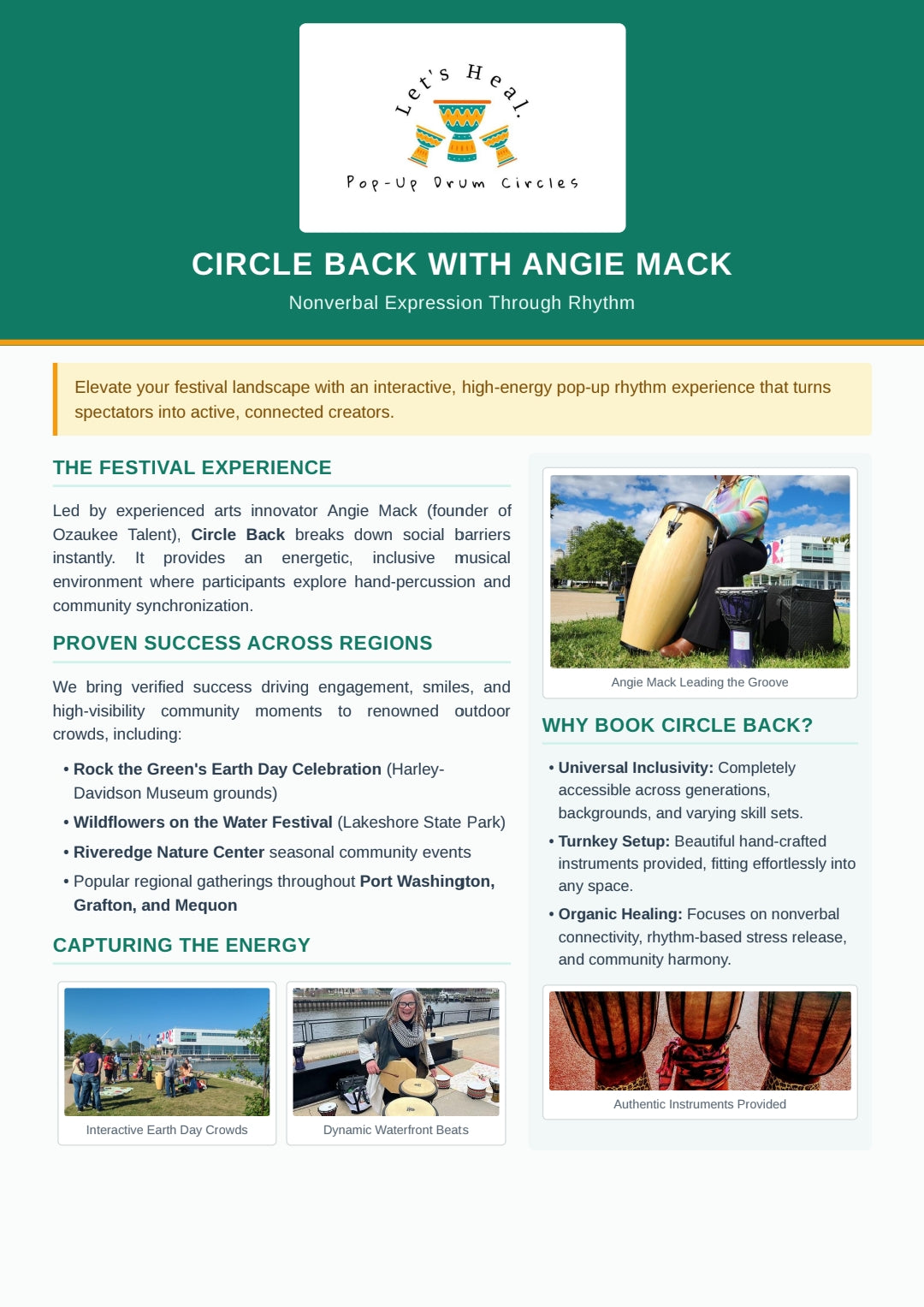Community drumming event flyer for Circle Back with Angie Mack, focusing on nonverbal expression through rhythm.