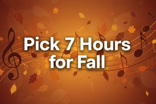 Create text with music background reading "Pick 7 Hours for Fall" by Ozaukee Talent Shopping Cart.