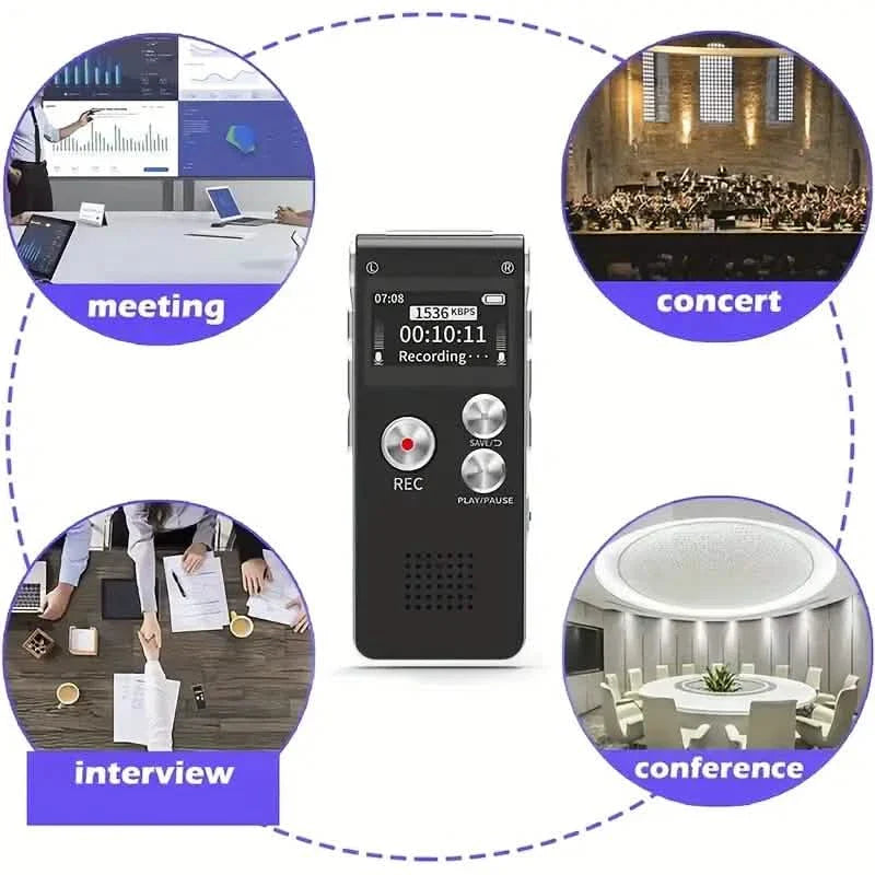 Portable 8GB digital voice recorder and MP3 player from DailySale, showing compact design and control buttons for meetings and lectures.