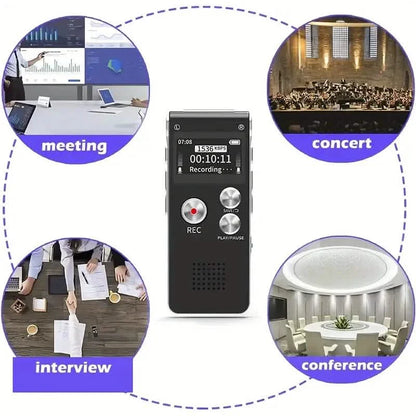 Portable 8GB digital voice recorder and MP3 player from DailySale, showing compact design and control buttons for meetings and lectures.