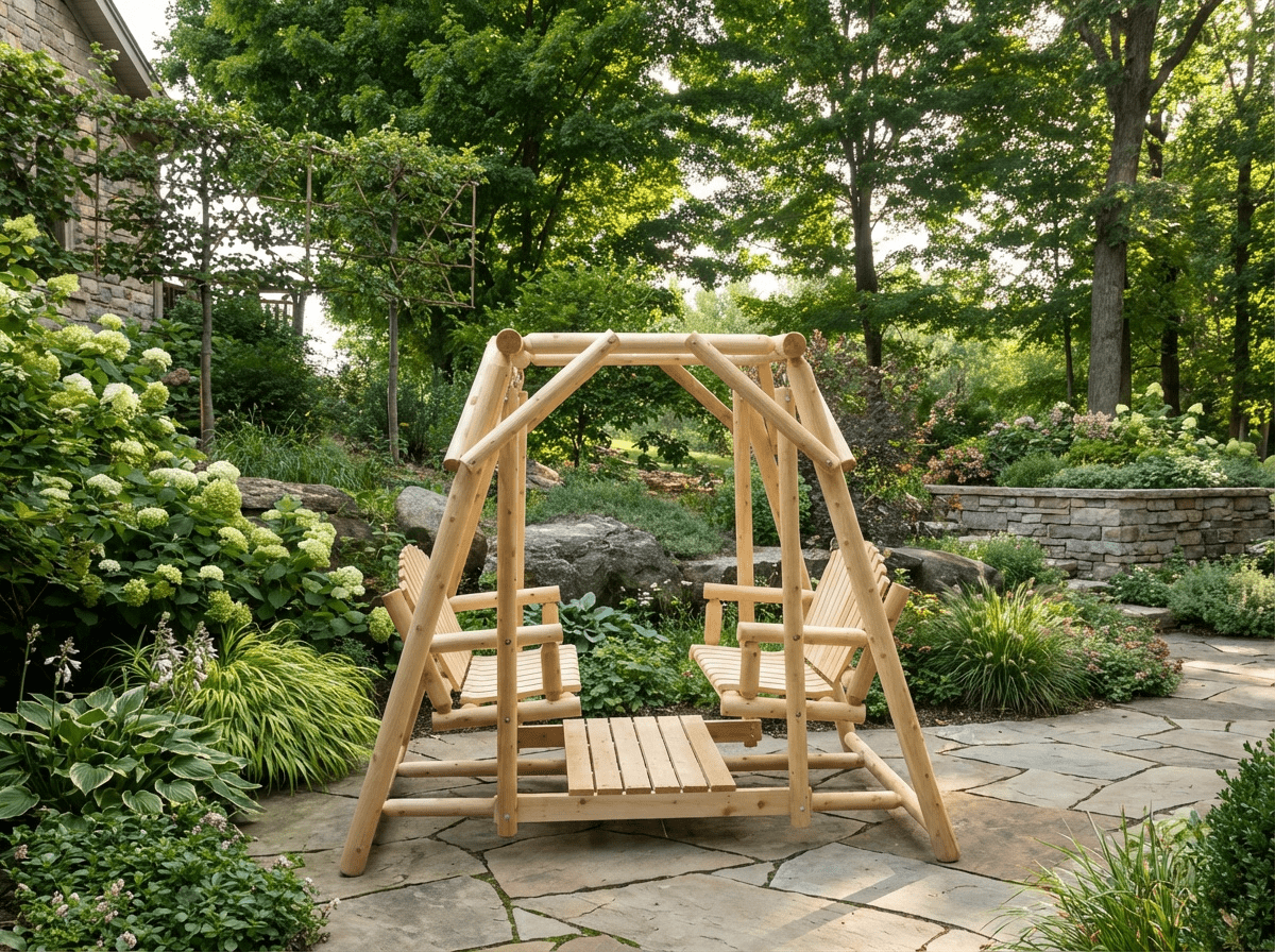 Rustic cedar double patio bench swing with sturdy wooden frame and comfortable seating for outdoor relaxation.
