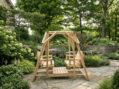 Rustic cedar double patio bench swing with sturdy wooden frame and comfortable seating for outdoor relaxation.