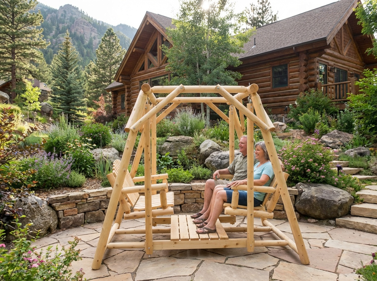 Rustic cedar double bench swing for patio with sturdy wooden frame and comfortable seating for outdoor relaxation.