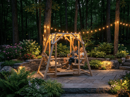 Rustic cedar double benches swing for patio seating, featuring sturdy wood construction and comfortable seating for outdoor relaxation.