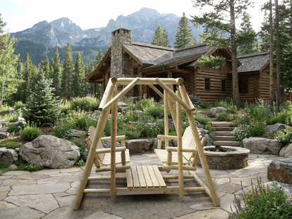 Rustic cedar double patio bench swing with sturdy wooden frame and comfortable seating, ideal for outdoor relaxing spaces.