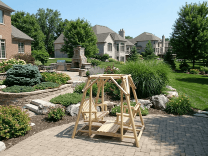 Rustic cedar double patio bench swing with sturdy wooden frame and comfortable seating for outdoor relaxation.