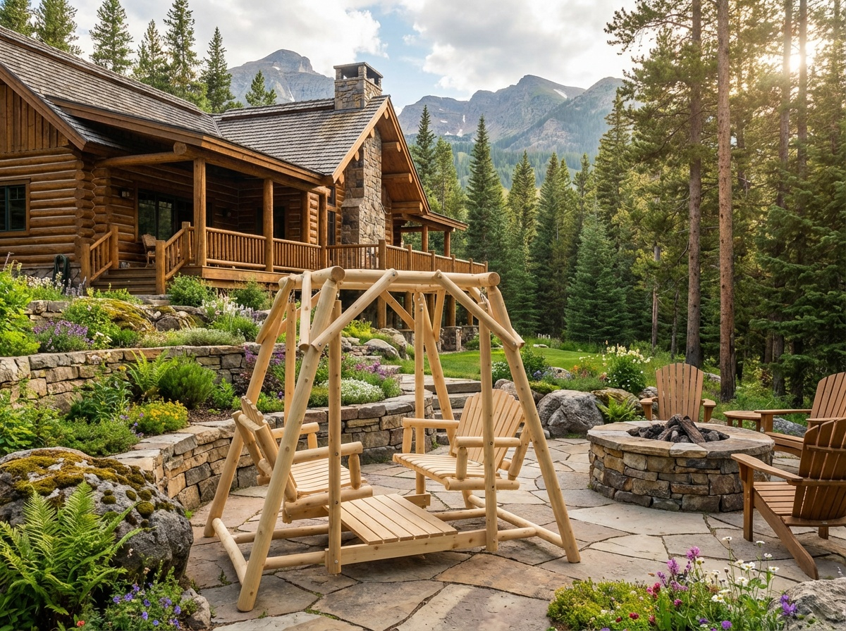 Rustic cedar double benches swing for patio seating, featuring sturdy wooden construction and comfortable seat design.