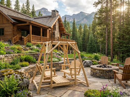 Rustic cedar double benches swing for patio seating, featuring sturdy wooden construction and comfortable seat design.