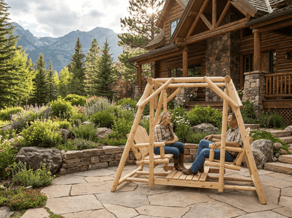 Rustic cedar double benches swing for patio with sturdy wooden frame and comfortable seating, perfect for outdoor relaxation.
