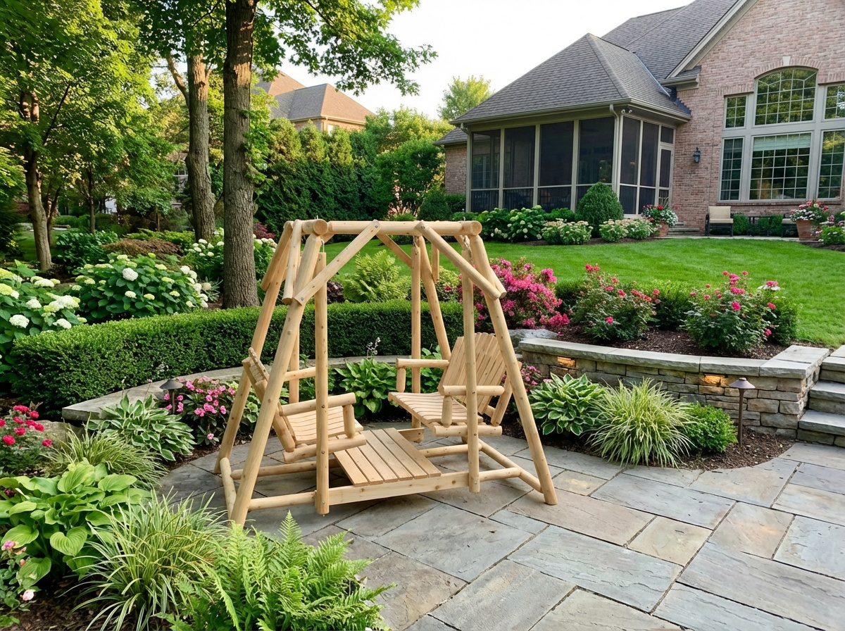 Rustic cedar double benches swing for patio seating, featuring sturdy wood construction and comfortable seating for outdoor relaxation.
