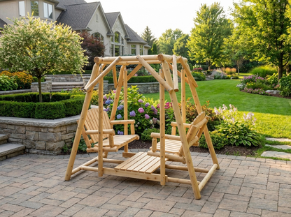 Rustic cedar double benches swing for patio, featuring sturdy wooden construction and comfortable seating for outdoor relaxation.