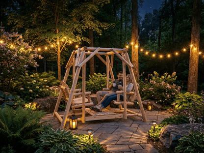 Rustic cedar double patio bench swing with sturdy wooden frame and comfortable seating for outdoor relaxation.