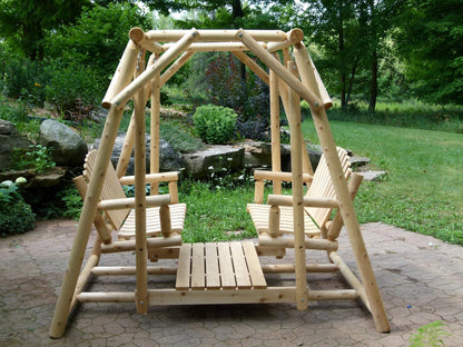 Double lawn glider swing for patio by Cedar Creek Rustic Furniture, featuring wooden craftsmanship and comfortable seating for outdoor relaxation.