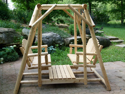 Double outdoor patio swing bench by Cedar Creek Rustic Furniture, featuring a wooden frame and comfortable seating for two.