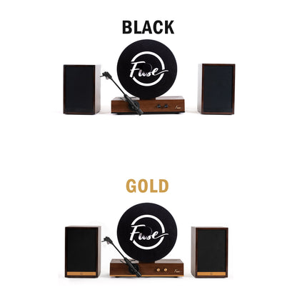 Fuse Audio GLD vertical vinyl record player in gold and black, showcasing its sleek, modern design with turntable and tonearm features.