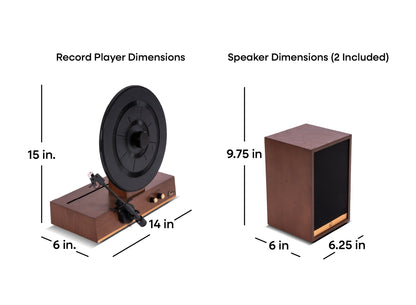 Fuse Audio GLD vertical vinyl record player turntable with sleek design and adjustable dimensions.