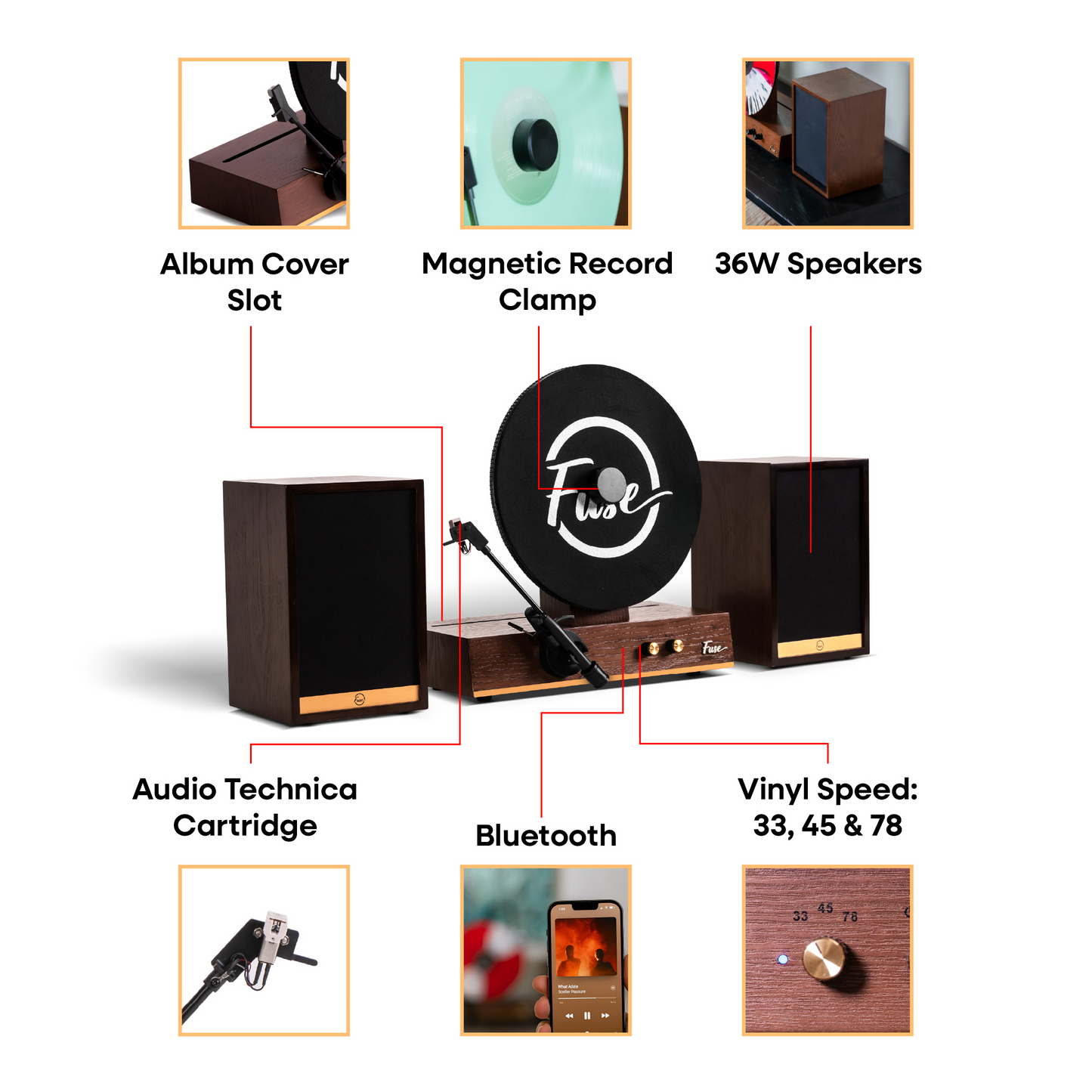 Fuse Audio GLD vertical vinyl record player turntable with sleek design, featuring tonearm and control buttons.