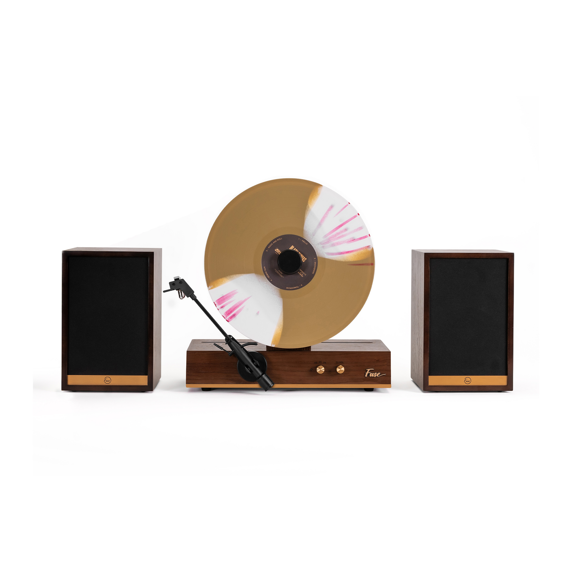 Fuse Audio GLD vertical vinyl record player showcasing a sleek black turntable with a tonearm and platter in a modern design.