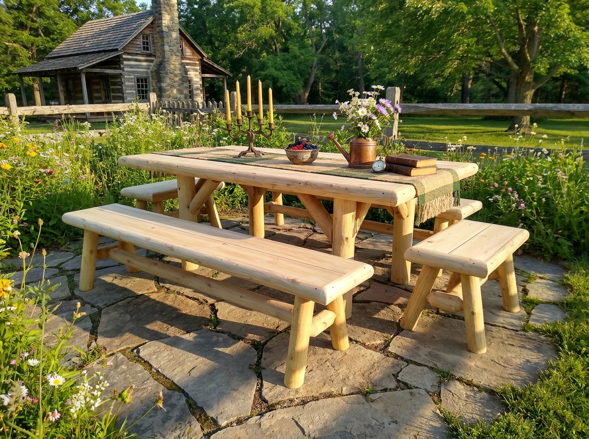 Handmade rustic outdoor picnic table by Cedar Creek Rustic Furniture with sturdy wooden slats and natural finish.