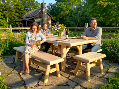 Handmade rustic outdoor picnic table by Cedar Creek Rustic Furniture with sturdy wooden planks and natural finish.