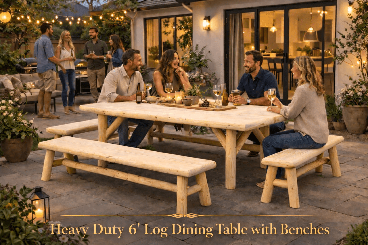 Handmade rustic outdoor picnic table by Cedar Creek Rustic Furniture, featuring sturdy wooden construction and natural finish.