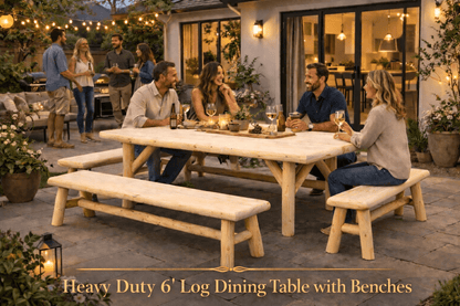 Handmade rustic outdoor picnic table by Cedar Creek Rustic Furniture, featuring sturdy wooden construction and natural finish.