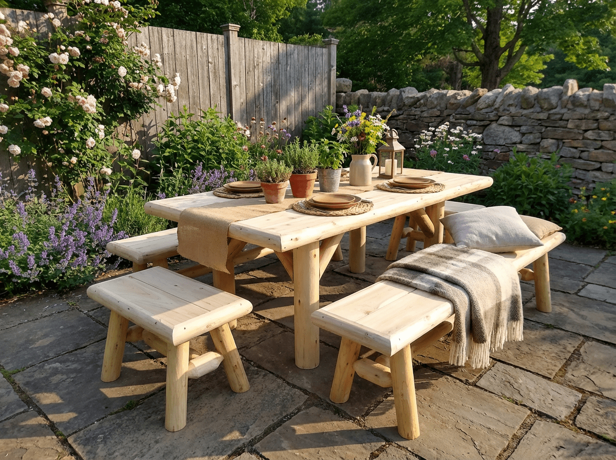 Handmade rustic outdoor picnic table by Cedar Creek Rustic Furniture, featuring sturdy wooden construction and natural finish.