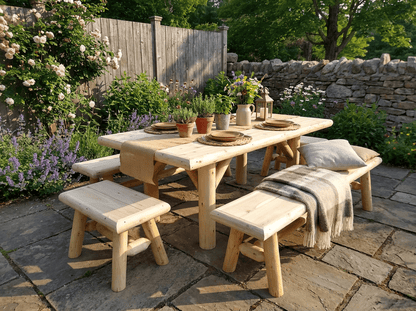 Handmade rustic outdoor picnic table by Cedar Creek Rustic Furniture, featuring sturdy wooden construction and natural finish.