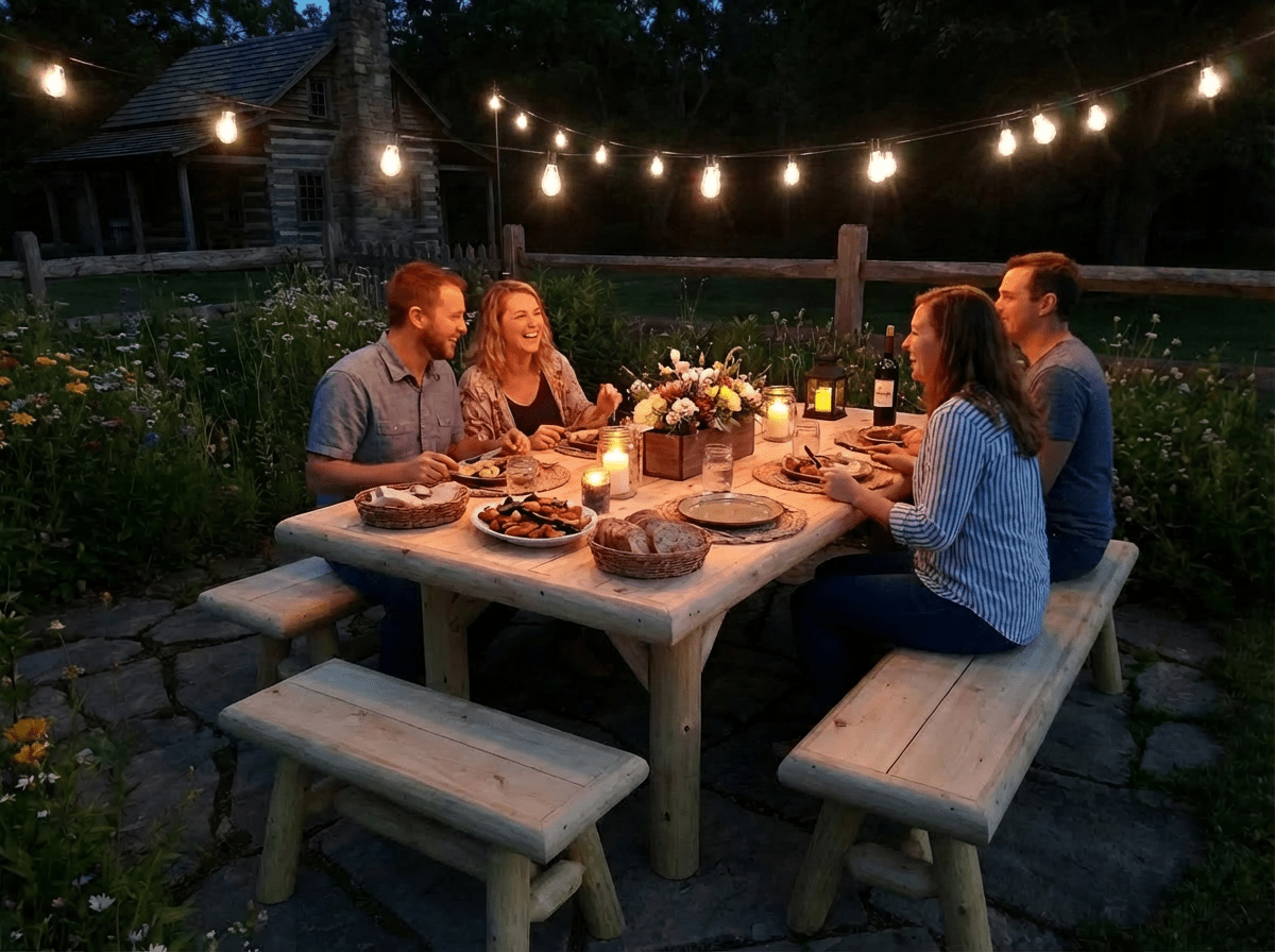 Handmade rustic outdoor picnic table by Cedar Creek Rustic Furniture, showing sturdy wooden construction and natural finish.