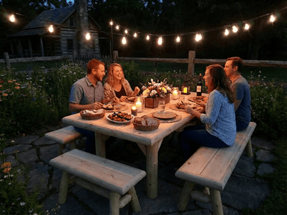 Handmade rustic outdoor picnic table by Cedar Creek Rustic Furniture, showing sturdy wooden construction and natural finish.