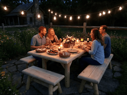 Handmade rustic outdoor picnic table by Cedar Creek Rustic Furniture with sturdy wooden planks and natural finish.