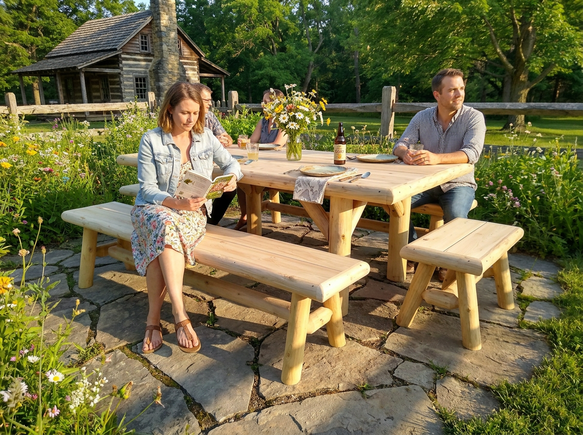 Handmade rustic outdoor picnic table by Cedar Creek Rustic Furniture with sturdy wooden planks and classic design.