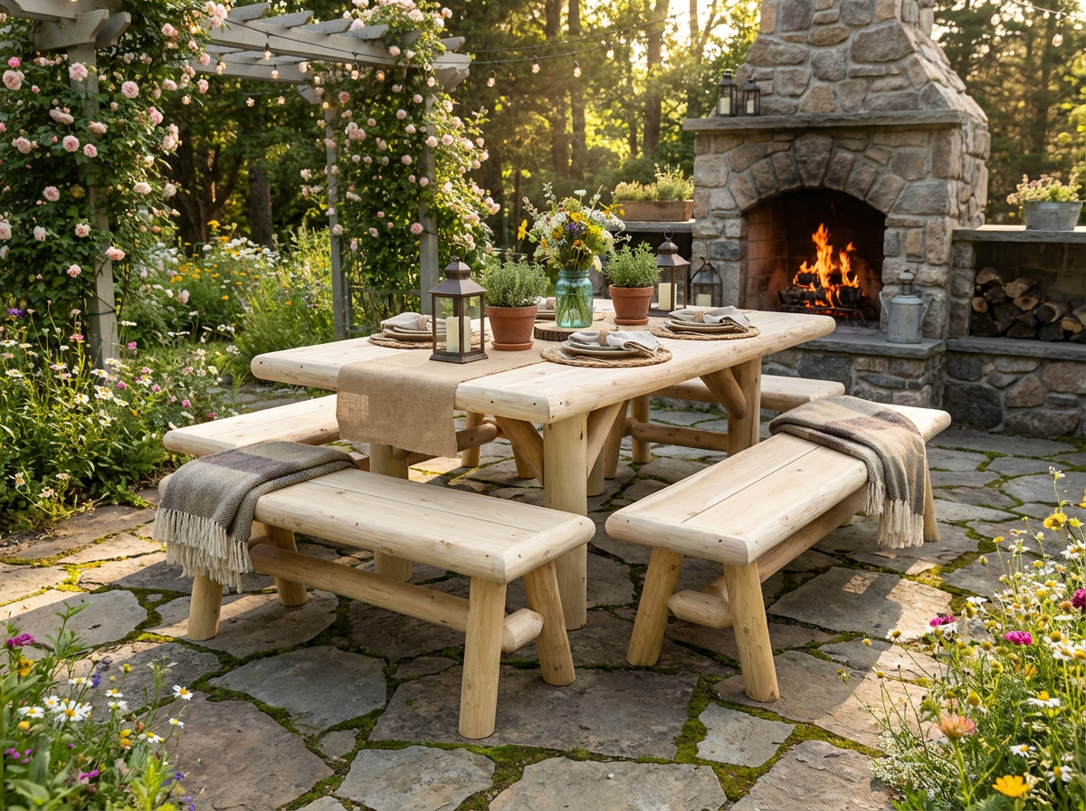 Handmade rustic outdoor picnic table made of wood by Cedar Creek Rustic Furniture, with natural finish and sturdy design.