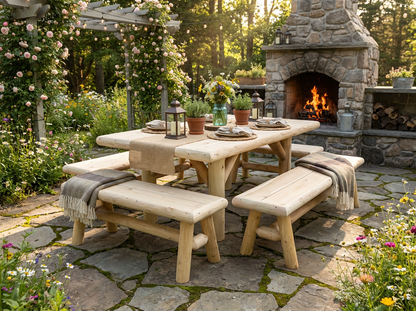 Handmade rustic outdoor picnic table made of wood by Cedar Creek Rustic Furniture, with natural finish and sturdy design.
