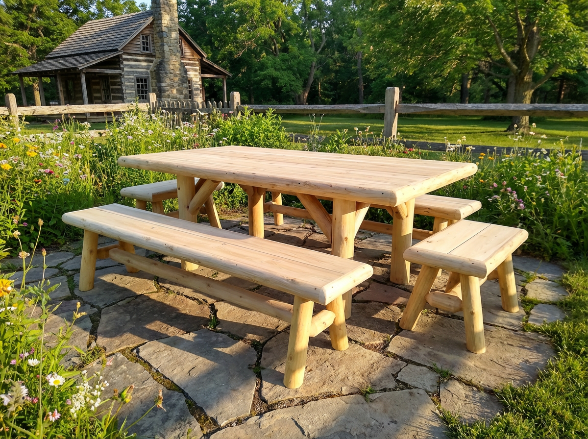 Handmade rustic outdoor picnic table made of natural wood by Cedar Creek Rustic Furniture, perfect for outdoor dining and gatherings.