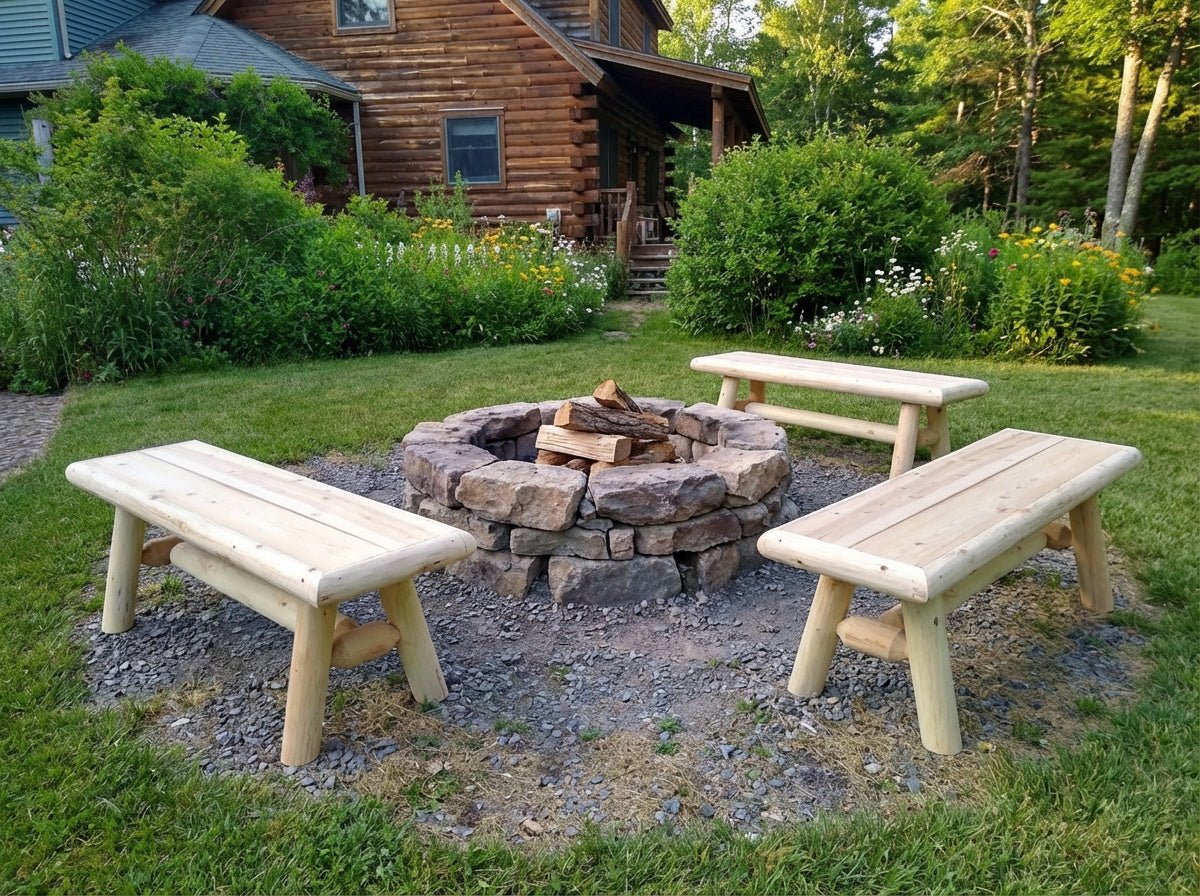 Rustic cedar wood farmhouse entryway bench with a sturdy design, perfect for outdoor porch seating from Cedar Creek Rustic Furniture.